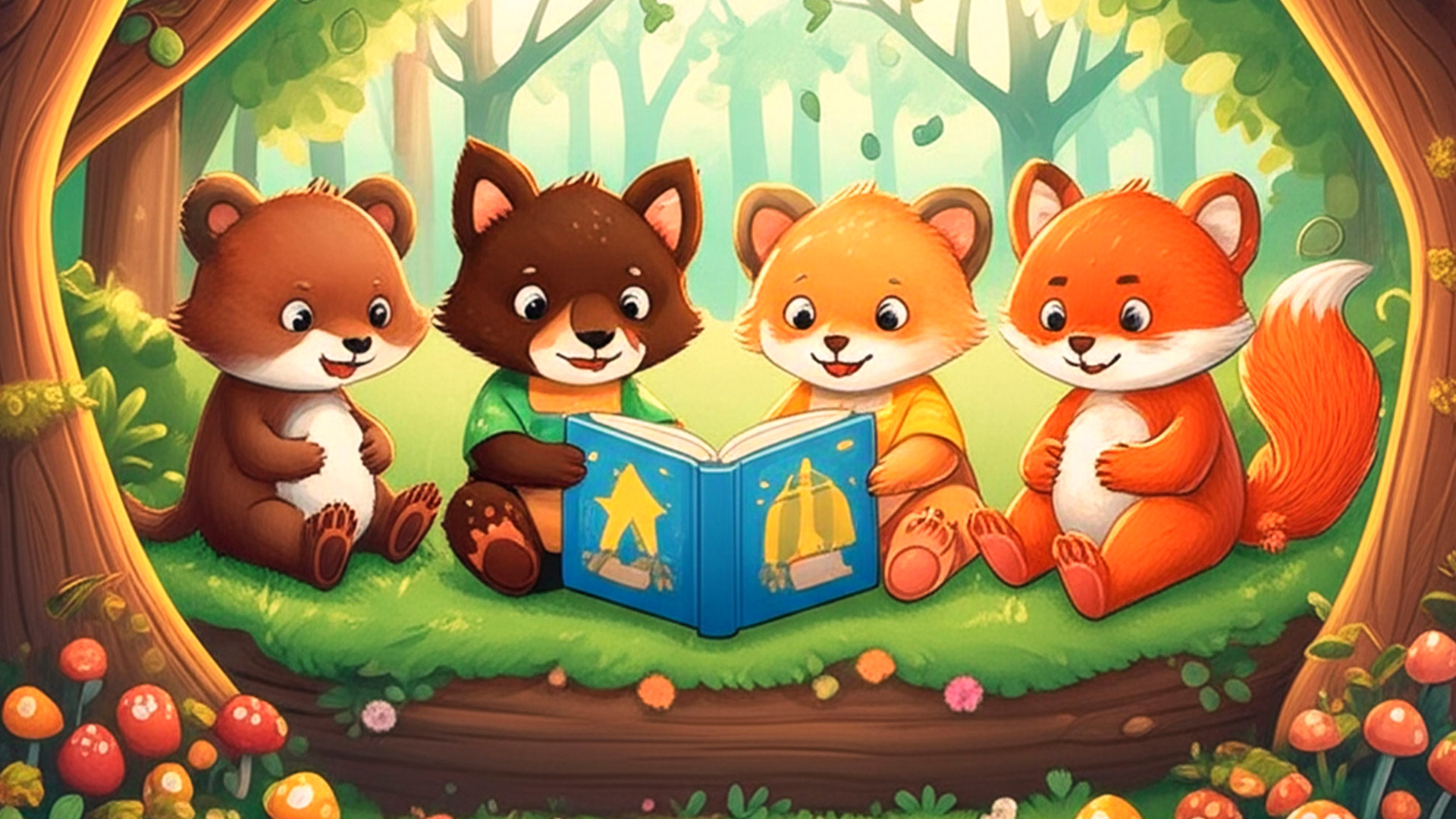大きな絵本を囲んで、楽しそうにしている4匹の動物たち