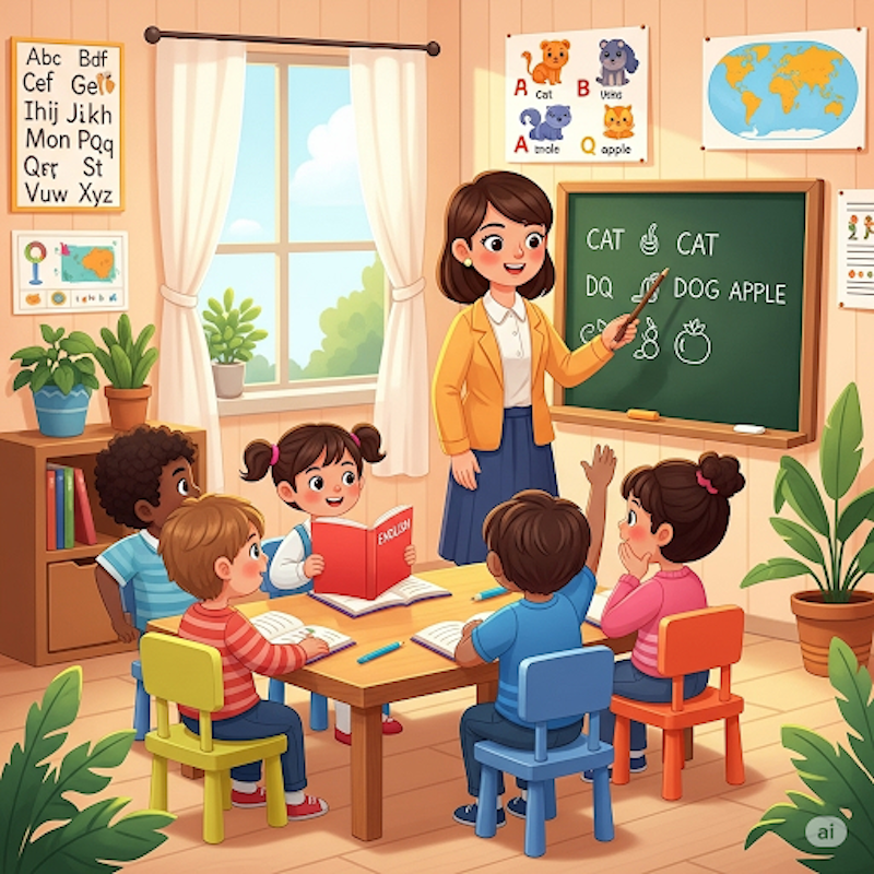 少人数で英語を学ぶ子供たち